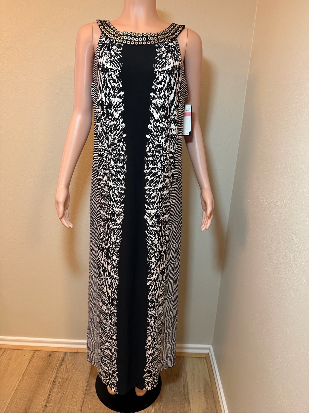 Peter Nygard Black/White Abstract Maxi Dress Scoop Neck Grommet Sleeveless M
